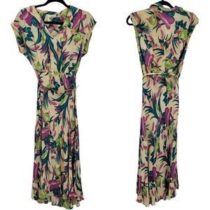 Vintage 70's Women's Dress Tropical Love Bird Parrot Peter Pan Belted Midi XXS‎